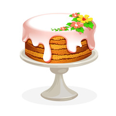 cake poured with chocolate flowers on top of the stand