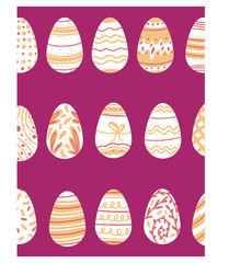 Cute hand-drawn postcards for Easter. Set of multi-colored eggs with different patterns. Printable template. Happy Easter lettering. Creative illustration.