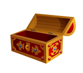 illustration of open old wooden chest, treasure box with decor 