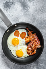 Fried eggs with bacon in a pan. Keto Diet. Keto breakfast. Low carb diet concept. high fat diet. Gray background. Top view