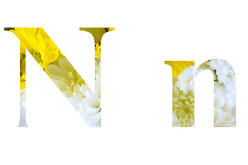 Fototapeta premium Capital, or upper case, and lower case letter of the English alphabet. Text cutout floral motiff with various yellow and white chrysanthemums and baby's breath