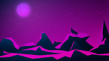 Futuristic polygonal night landscape with mountains and a wolf howling at the moon. Purple starry sky with moon and meteor shower. Vector illustration.