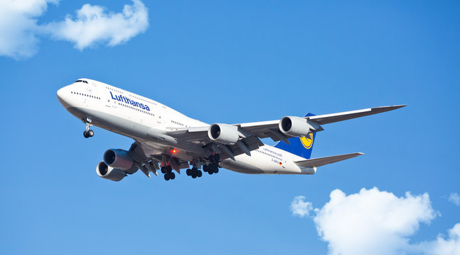 Chicago, USA - September 16, 2017: A Lufthansa Boeing 747-800 landing at O'Hare International Airport.