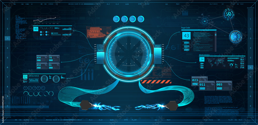 Poster HUD UI Cockpit set. Head up display, Futuristic User Interface set. Sci-Fi for App(Cockpit, Interface, Dashboard, Infographics, Radar, Spaceship, Futuristic Circle, Statistic and Data) Vector HUD