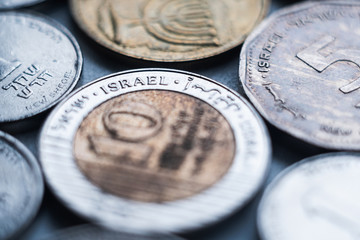 CLose up macro on Israeli sheqel coins