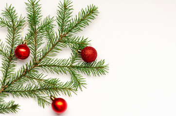 Obraz na płótnie Canvas Christmas fir the branch on white background with red balls
