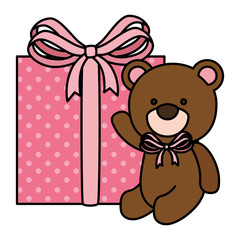 cute teddy bear with gift box isolated icon