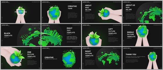 Presentation design vector templates, multipurpose template for presentation slide, flyer, brochure cover design, infographic. Green world globe in the hands of man. Earth planet health care concept.