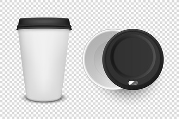 Vector 3d Realistic Disposable Opened and Closed Paper, Plastic Coffee, Tea Cup for Drinks with Black Plastic Lid Icon Set Closeup Isolated on Transparent Background. Design Template, Mockup. Top View