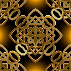 Gold 3d Damask vector seamless pattern. Ornamental luxury glowing background. Repeat decorative ornate backdrop. Vintage floral golden ornaments. Surface shiny arabic style design. Endless texture