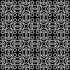Abstract black and white vector seamless pattern. Monochrome ornamental background. Repeat decorative backdrop. Lines ornament with geometric doodle shapes, circles, love hearts. Endless design
