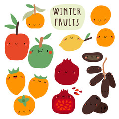 Super cute vector seasonal Fruits collection. Hand drawn Food in cartoon style. Winter Fruits set.
