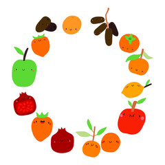Vector round frame with Seasonal winter Fruits on a white background. Smiley cartoon food characters - Apple, Orange, Date fruits, Lemon, Pomegranate, Persimmon. Healthy fruits background.