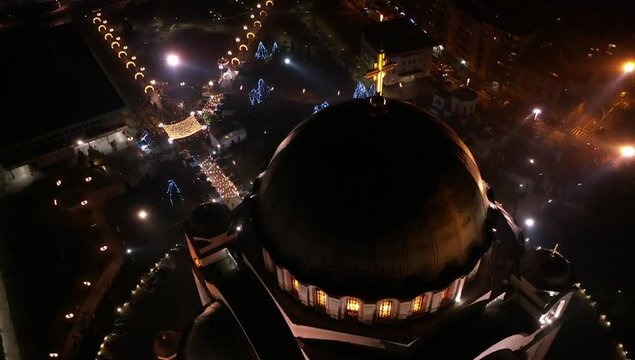 Drone shot of tample of Saint Sava. Night areal shot. 