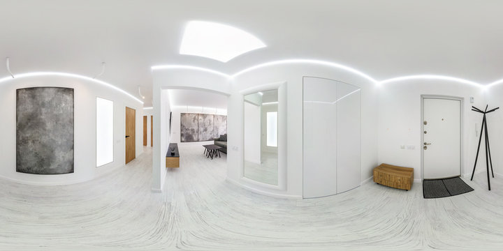 full seamless spherical hdri panorama 360 degrees angle view in modern entrance hall of corridor rooms in white style in equirectangular projection, AR VR content