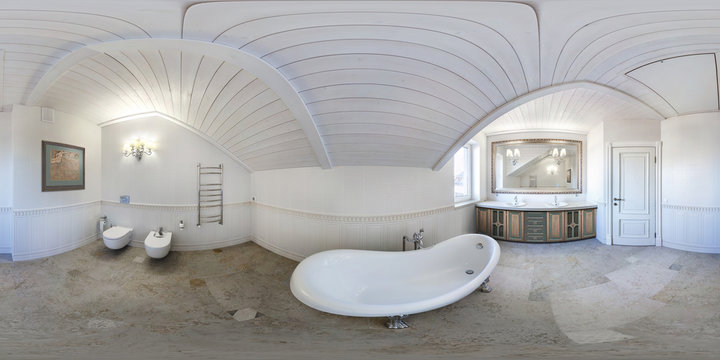 full seamless spherical hdri panorama 360 degrees angle view in of bathroom in modern flat loft apartments on mansard floor in equirectangular projection, VR content