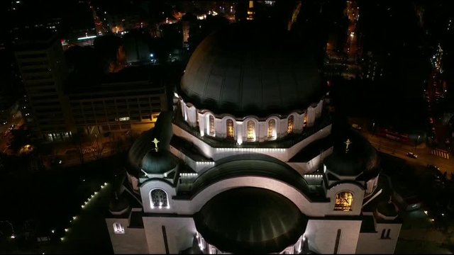 Drone shot of tample of Saint Sava. Night areal shot. 