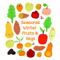 Seasonal Winter Fruits and Vegs - vector illustration on a white background. Healthy green food background. Cartoon smiley fresh fruits and vegetables.