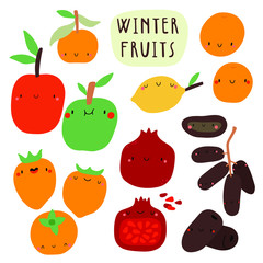 Super cute vector seasonal Fruits collection. Hand drawn Food in cartoon style. Winter Fruits set.