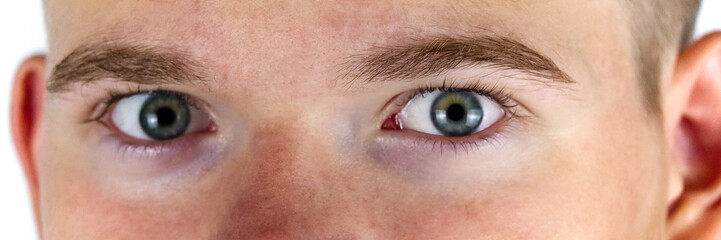 young man eye macro shoot, banner. panoramic photo of face