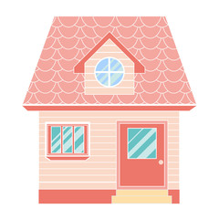 A cute pink children's house for a girl. Children's toy cute house. Background of the house. House with lawn and path. Family home. Flat design vector concept illustration
