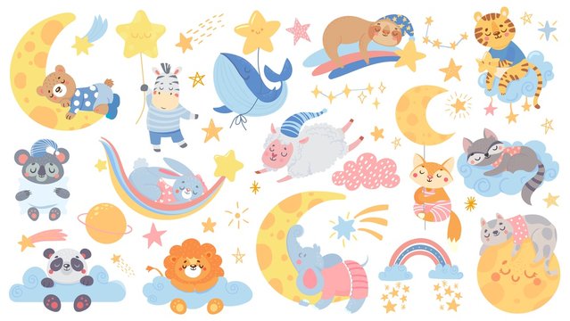 Isolated set with cute sleeping animal. Collection with stars, moon and cloud. Sweet dream. Good night. Pajamas party with pillow. Vector illustration