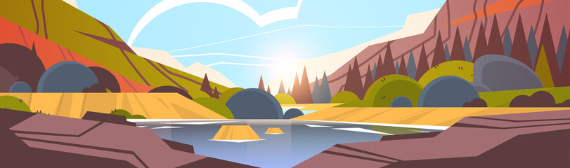 lake in front of mountain range sunset forest landscape beautiful nature background horizontal vector illustration