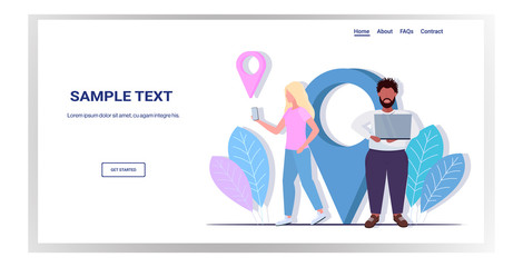 mix race people using online navigation app on digital devices man woman exploring route with location pin GPS pointers full length horizontal copy space vector illustration