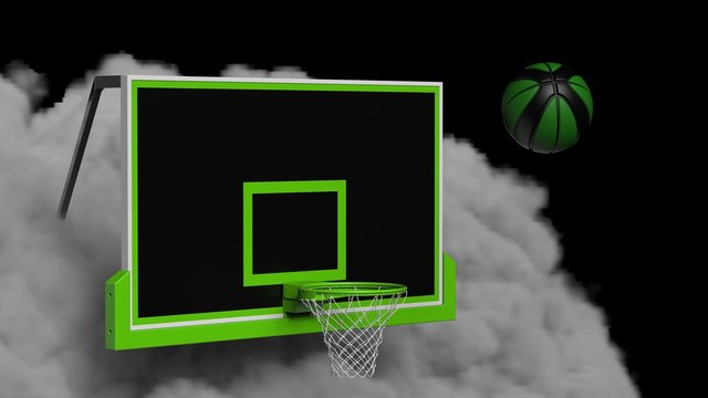 Black-Green Basketball with dark brown toned foggy smoke background. 3D sketch design and illustration. 3D high quality rendering.