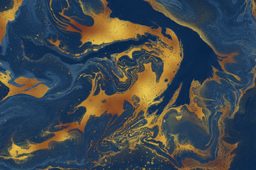 Beautiful contemporary painting. Unique hand painted decorative image for creative design of posters, wallpapers,websites. Modern piece of art. Unusual artistic style. Dark blue and golden oil paints.