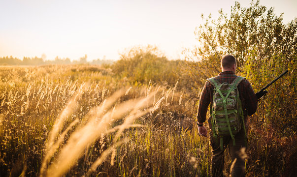 Humans back in checkered shirt with military backpack and shotgun in his hand, in the sun light. It's  a soldier hiding into the fields, or a hunter, walking in the grass and searching for prey