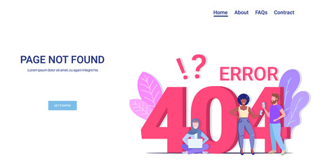 people using gadgets online app 404 page not found concept internet connection problem message website under construction horizontal copy space full length vector illustration