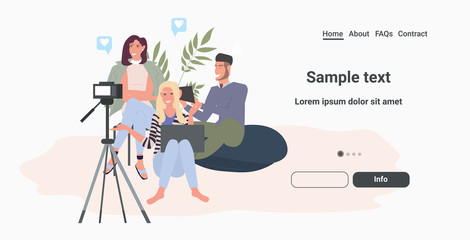 bloggers group recording video blog with digital camera on tripod people streaming live social media network blogging concept horizontal full length copy space vector illustration