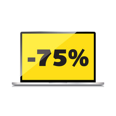 Sale, markdown, discount 75 percent on High-quality laptop screen. Reduced Prices. Special offer. Shopping badge with percentage discount.