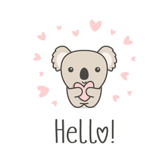 Cute animal with heart and Hello text. Smiling Koala and Love symbol on white background. Greeting card template for St. Valentines Day funny romantic vector illustration © artyway