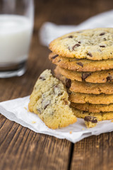 Portion of fresh Chocolate Chip Cookies (selective focus; close-up shot)