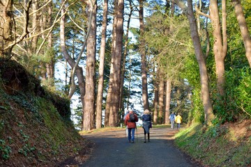 Obraz premium Group of hikers walking along the river at Lannion in Brittany. France