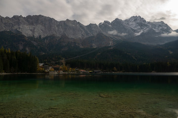 Zugspitze shadow on Eibsee early in the morning