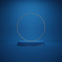 3d render, abstract minimal background. Empty round frame, cylinder podium, vacant pedestal, stage, showcase stand. Blank space, premium design. Copy space. Classic blue color of the year 2020