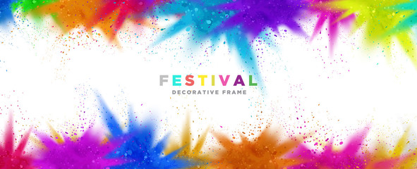 Colorful powder paint splash, color explosion decorative frame background template for music dj party, festival, holi, celebration event