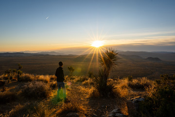 Man taking in the sunrise on a solo outdoors hike in Joshua tree with lens flare from sun | Joshua Tree Hiking
