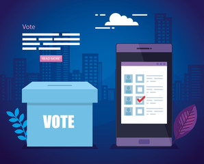 poster of vote with ballot box and smartphone