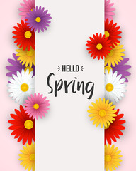 Hello spring background with colorful flowers and white frame