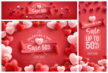 Valentine's Day Sale 50% off Poster or banner with many sweet hearts and sweet gifts on red background.Promotion and shopping template or background for Love and Valentine's day concept - obrazy, fototapety, plakaty