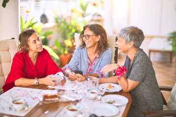Meeting of middle age women having lunch and drinking coffee. Mature friends smiling happy using smartphone at home on a sunny day