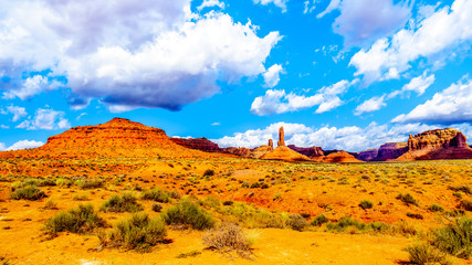 The Red Sandstone Buttes and Pinnacles in the semi desert landscape in the Valley of the Gods State Park near Mexican Hat, Utah, United States