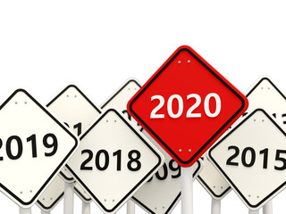2020 New year symbol on a red road sign