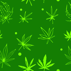 Hemp seamless pattern to create a beautiful background of any shape. Acid cannabis drawn on a dark green background. Vector illustration in vintage style to create a fill. Stock design element.