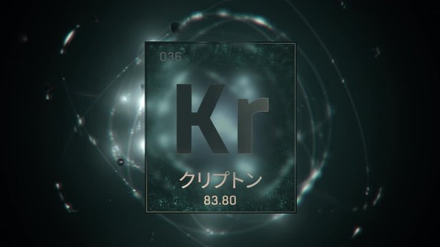 Krypton as Element 36 of the Periodic Table. Seamlessly looping 3D animation on grey illuminated atom design background orbiting electrons name, atomic weight element number in Japanese language