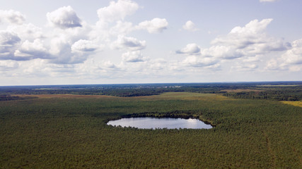 Aerial view the lake in the middle of the swamp Olmany, Reserve and ecology concepts.